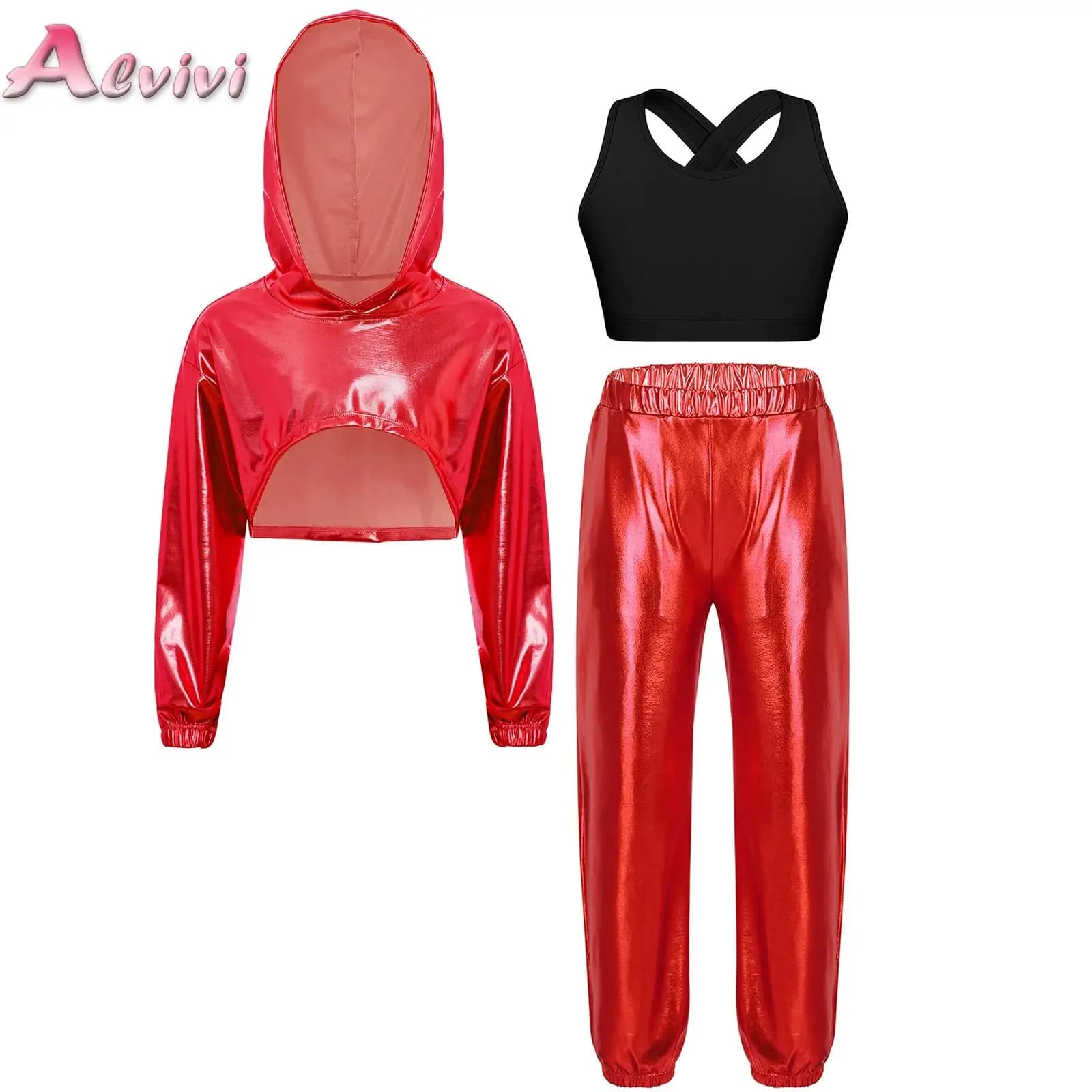 3 pezzi/set bambini ragazze hip-hop danza jazz performance costume manica lunga felpa con cappuccio corta metallizzata con gilet e pantaloni incrociati sul retro