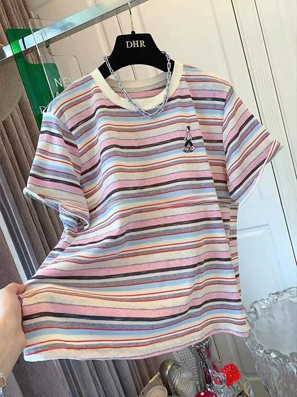 plus Size 300 Pounds Retro Striped Short Sleeve Women's T-shirt Loose Meat Concealing Anti-aging Summer Top Korean Style Commute