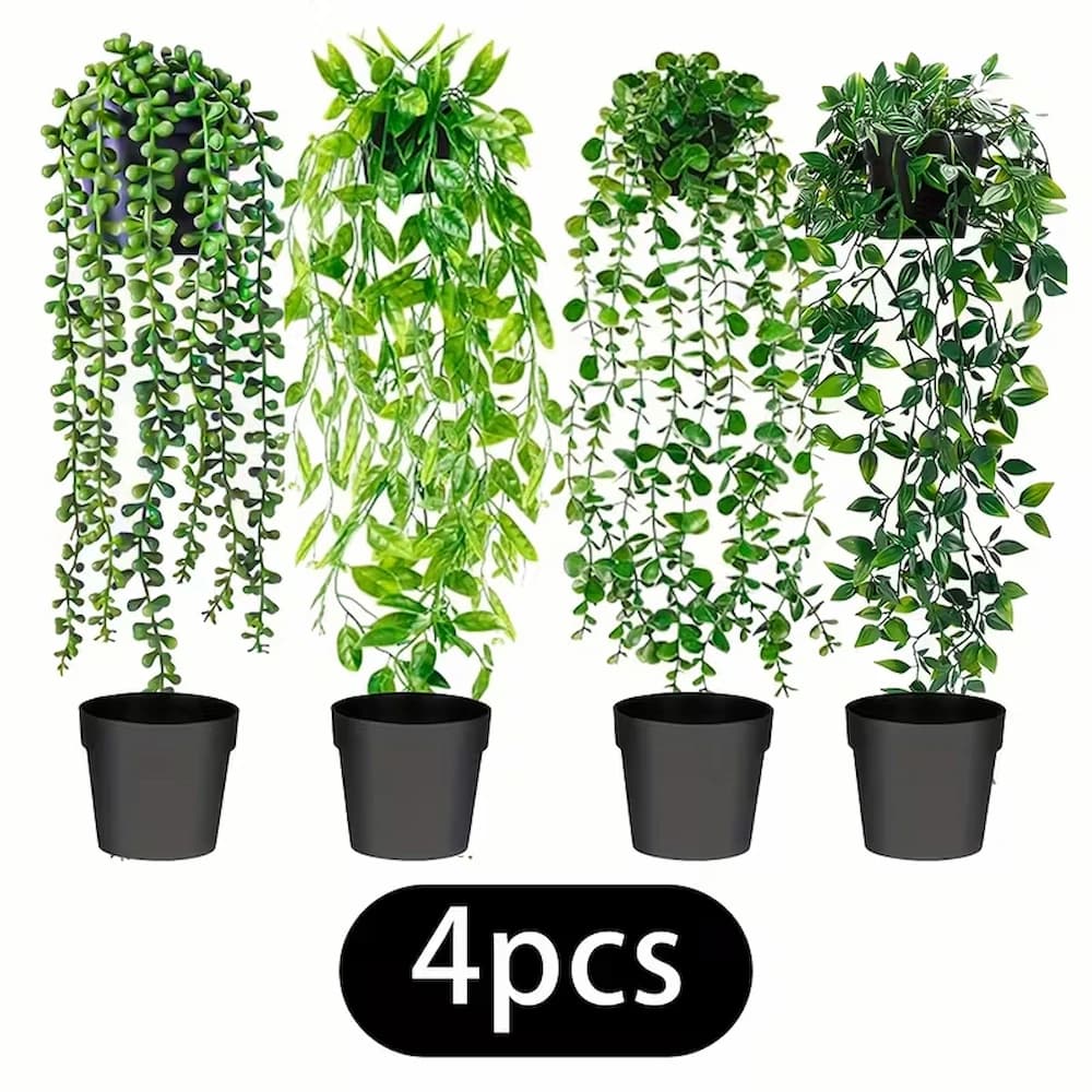 4 pieces of artificial green plants in pot, including eucalyptus, lentil leaves, love tears and Moringa leaves. Nordic