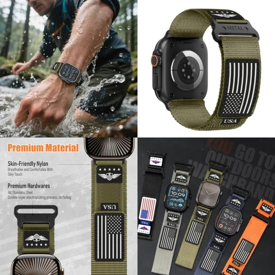 Cinturino in nylon robusto per Apple Watch da uomo, serie 11/10/9/8/7/6/SE/5/4/3/2/1, cinturini iWatch da uomo, morbido tessuto regolabile con strisce a stelle
