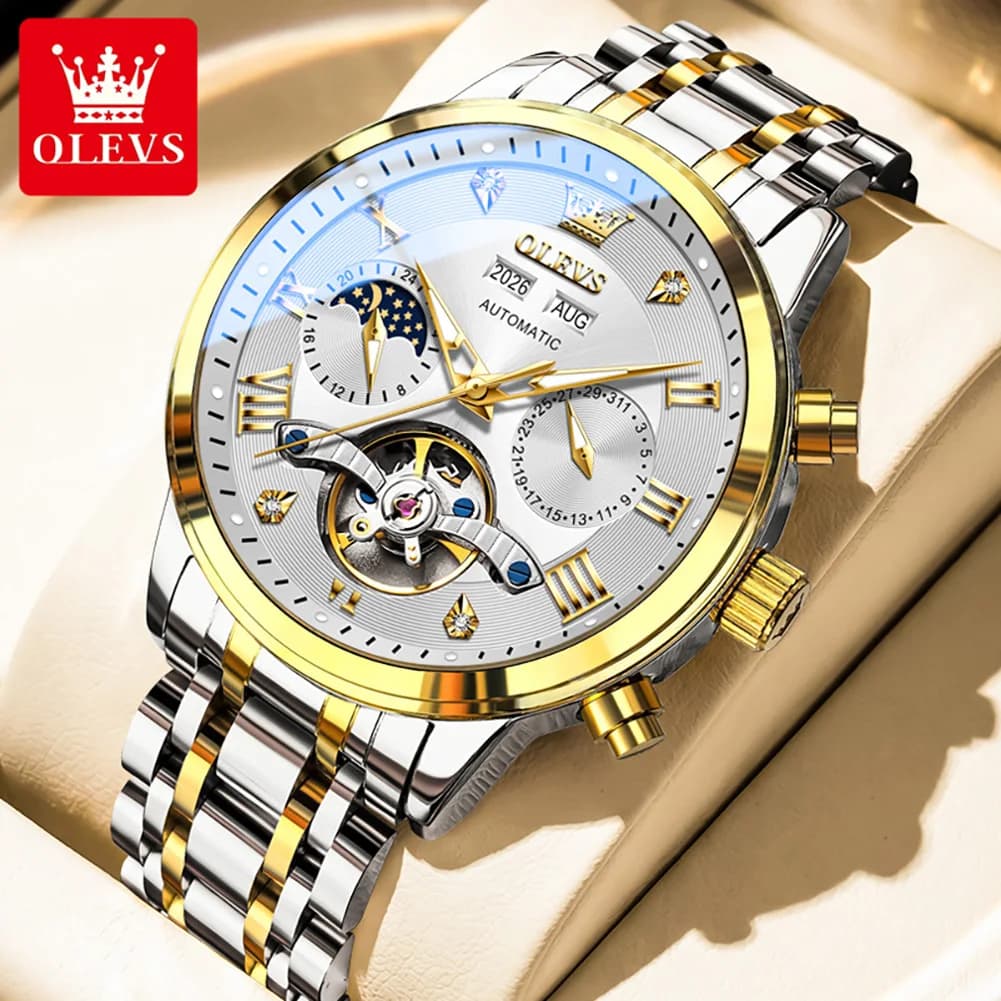 OLEVS Brand Original Luxury Tourbillon Mechanical Watch Men Stainless Steel Waterproof Multi functional Automatic Watches Mens