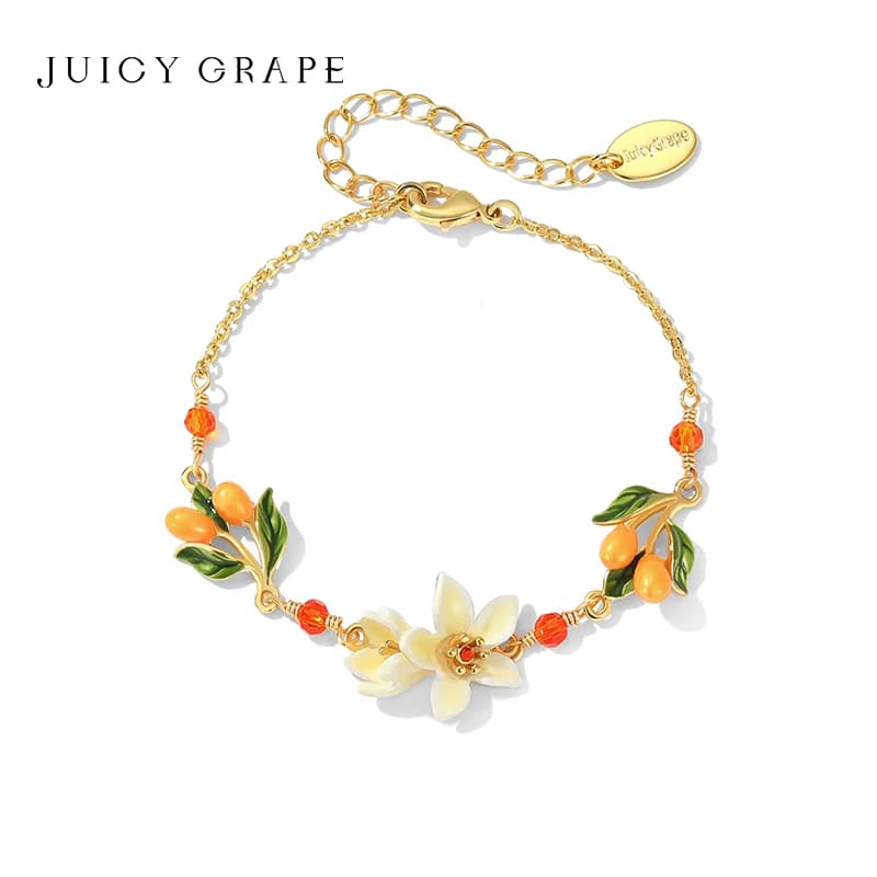 Bracciale con Fiori Smaltati per Donne, Placcato in Oro 18K, con Fiori Bianchi e Arancioni e Piccoli Kumquat, per Regali di Fidanzamento e Natale