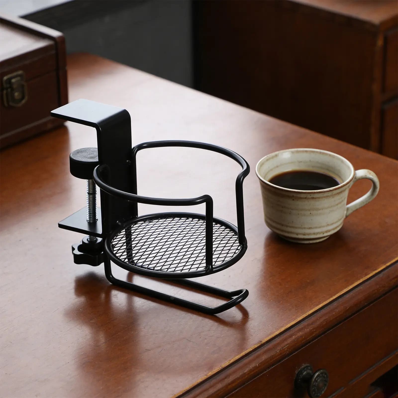 Desk Cup Holder Clamp on Headphone Hook Desktop Drink Holder Table Clip Office Gaming Desk Cup Hanger for Headset Storage