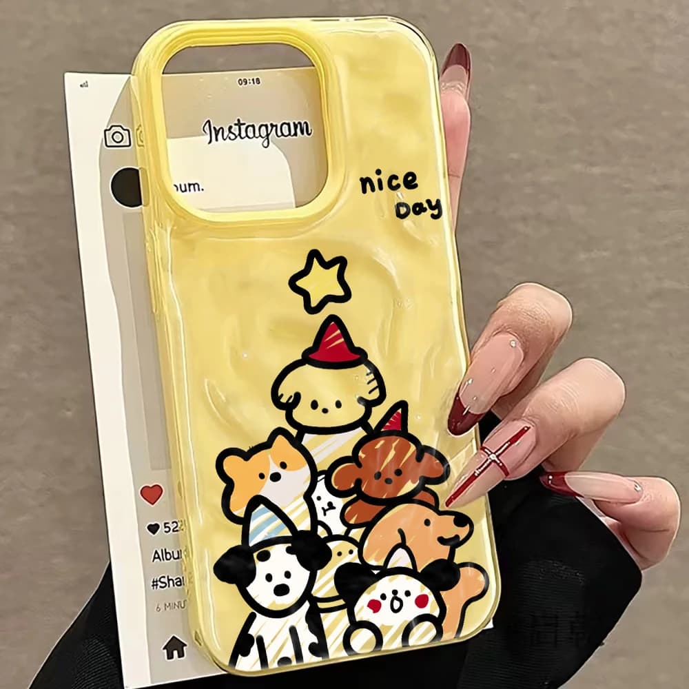 Custodia Morbida Antiurto con Motivo Cuccioli Impilati e Giorno Piacevole per iPhone 17 Air, 16, 15, 14, 13, 12, 17 Pro Max, 16, 15, 14 Plus