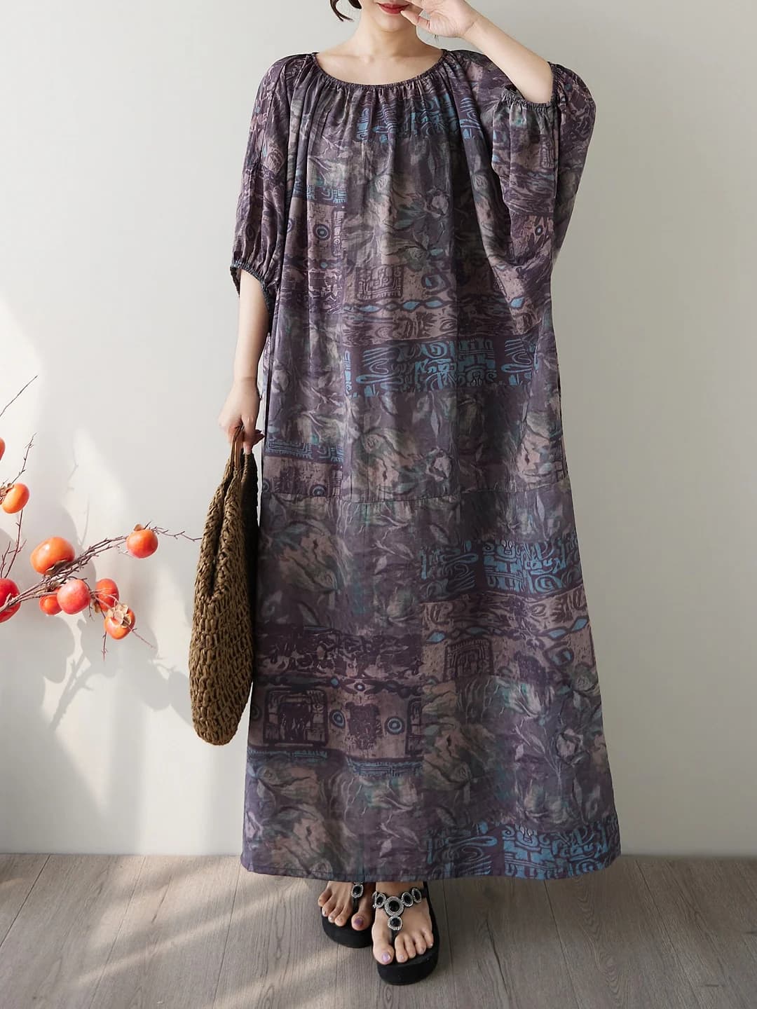 Large Size Artistic Cotton Linen Print Loose Meat Concealing Slimming Holiday Style Robe Lantern Sleeve Long Dress