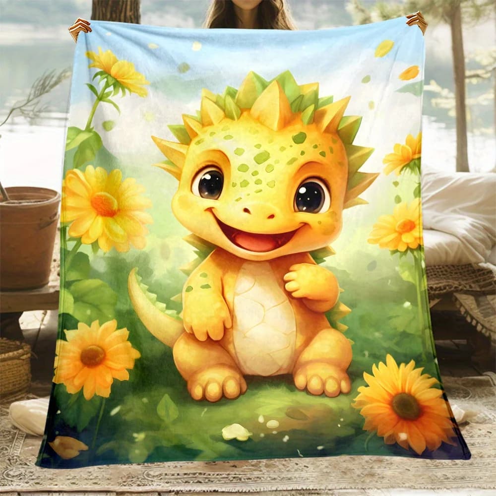Cute Baby Dragon Coperta in pile da giardino floreale Animale del fumetto Copricuscino morbido per bambini Regalo per l'arredamento della camera dei bambini
