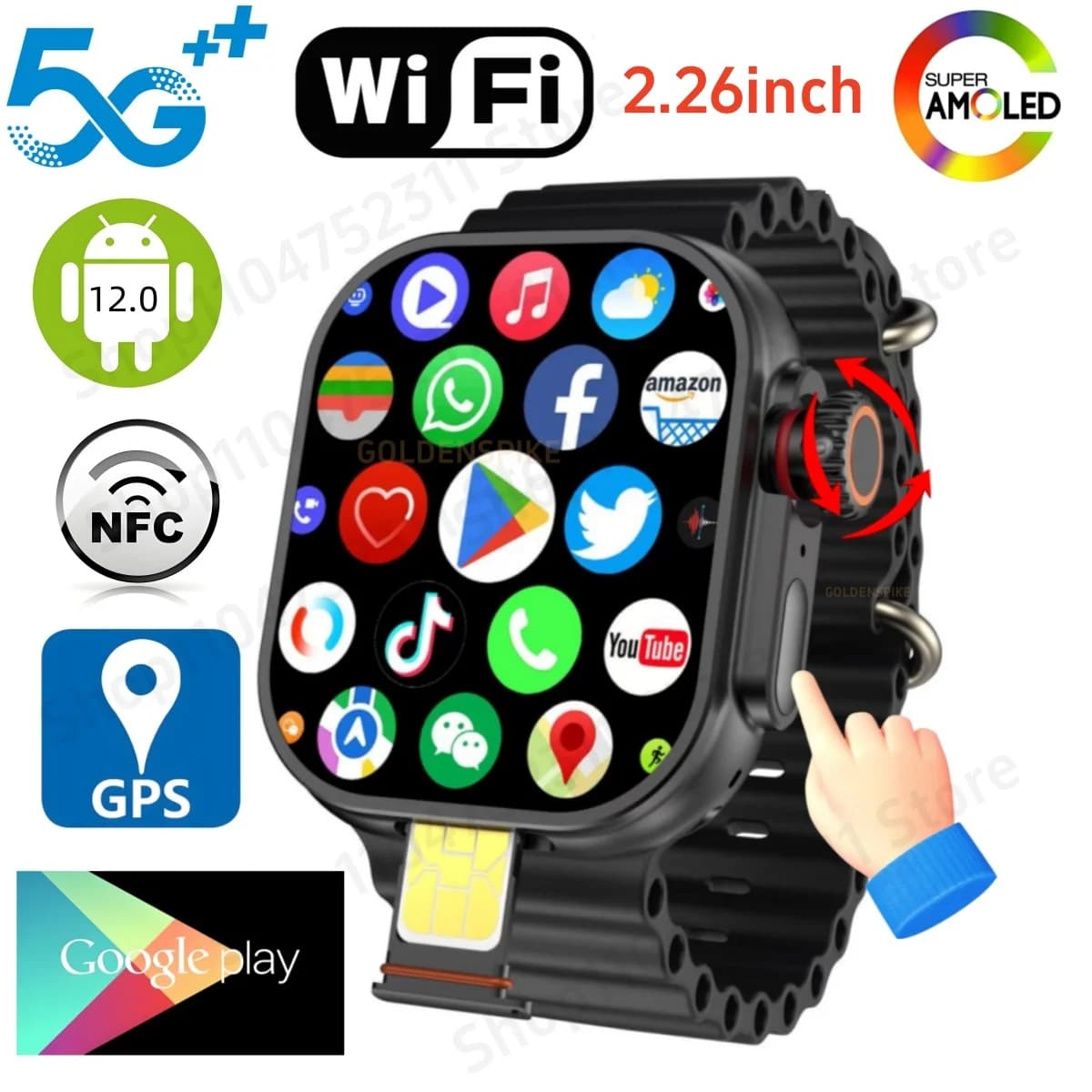 S10 Ultra CD12 Smartwatch Encoder touch Android 12.0 5G Smart Watch con 180 ° Telecamera rotativa Display HD Amoled 490*580 da 2,26 pollici