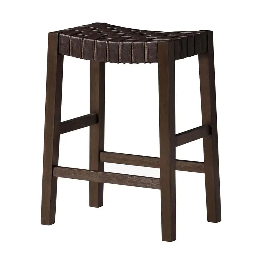 Sgabello da bancone Emerson 26 pollici, sgabello rettangolare con poggiapiedi, in legno massello marrone e seduta in pelle intrecciata marrone, perfetto per la cucina