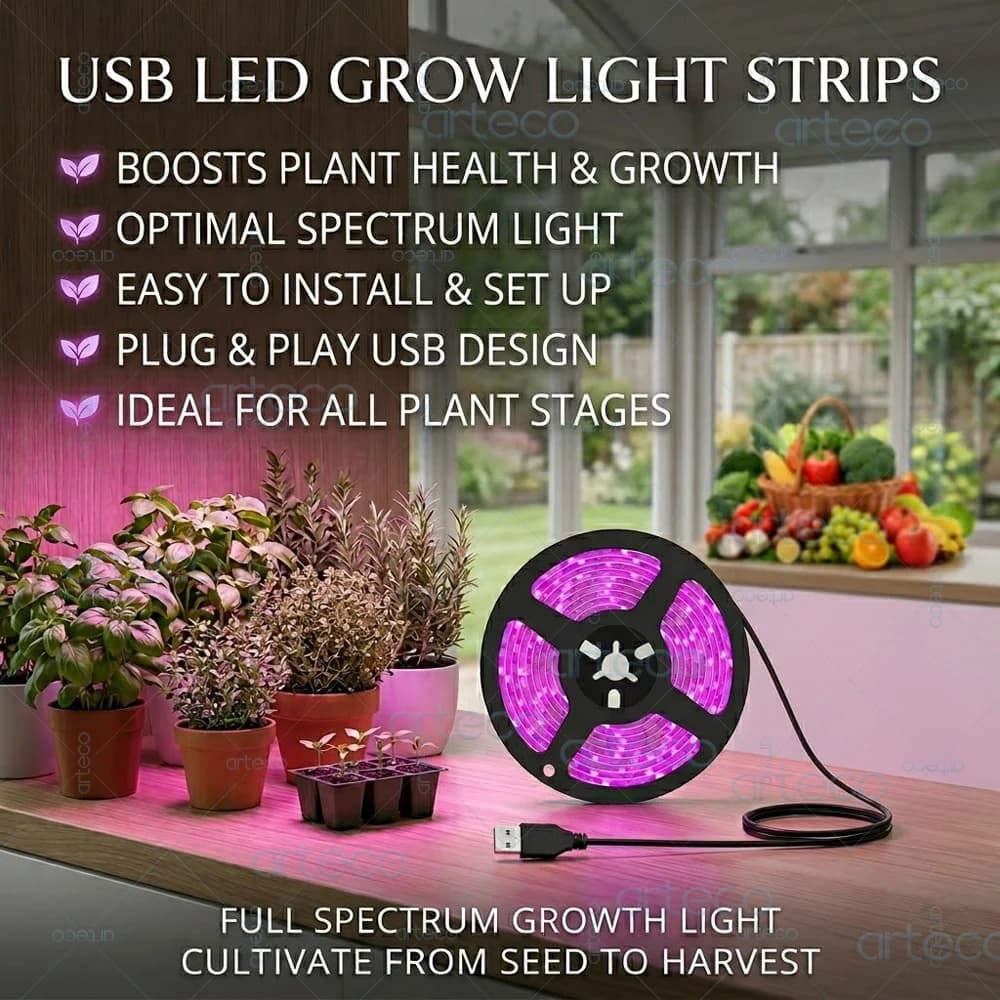 Lampada LED USB 5V per Coltivazione Piante, Spettro Completo, per Idroponica, Coltivazione Indoor, Serra, Semi di Fiori, Striscia Luminosa Fito 0.5-5M
