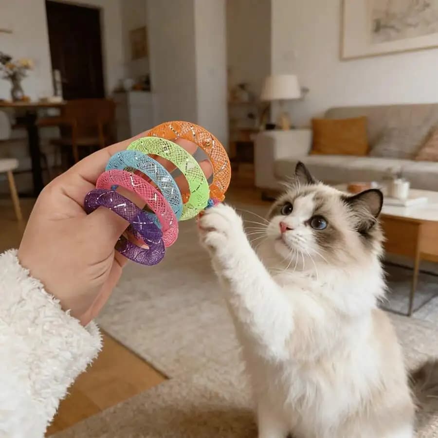 5pcs Soft Net Donut Cat Toys With Bell For Self Play Chewing Scratching
