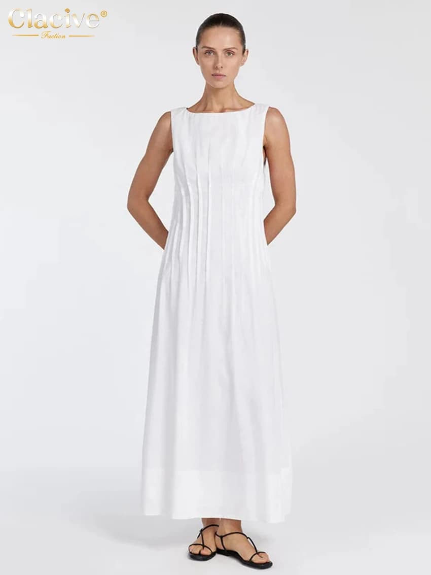 Clacive Abito estivo da donna in cotone bianco allentato 2025 Moda O-Collo senza maniche Abiti alla caviglia Elegante abito femminile classico