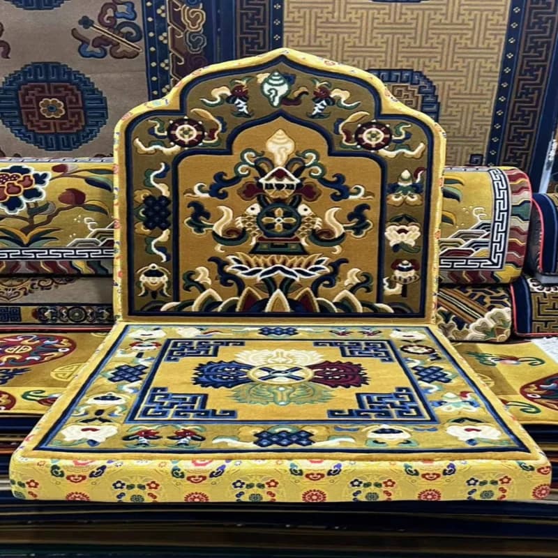 Pure wool meditation cushion with eight auspicious patterns, guru throne backrest, meditation mat with armrests, prostration