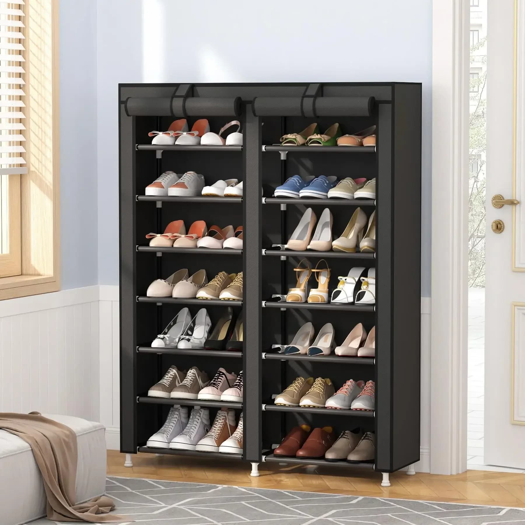 7-Tier Double-Row Shoe Rack with Dust Cover Large Capacity Adjustable Shoe Storage Shelf Organizer Durable Sturdy Space Saving Shoe Cabinet for Entryway Hallway Closet Home Furniture