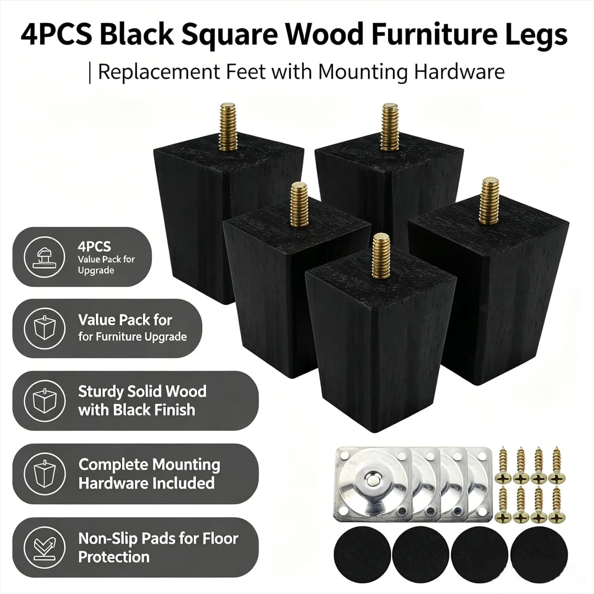 4Pcs 6/10/15CM Solid Wood Furniture Feets Sofa Cabinets Legs Square Bed Table Chair Replacement Feet Home Furniture Accessories