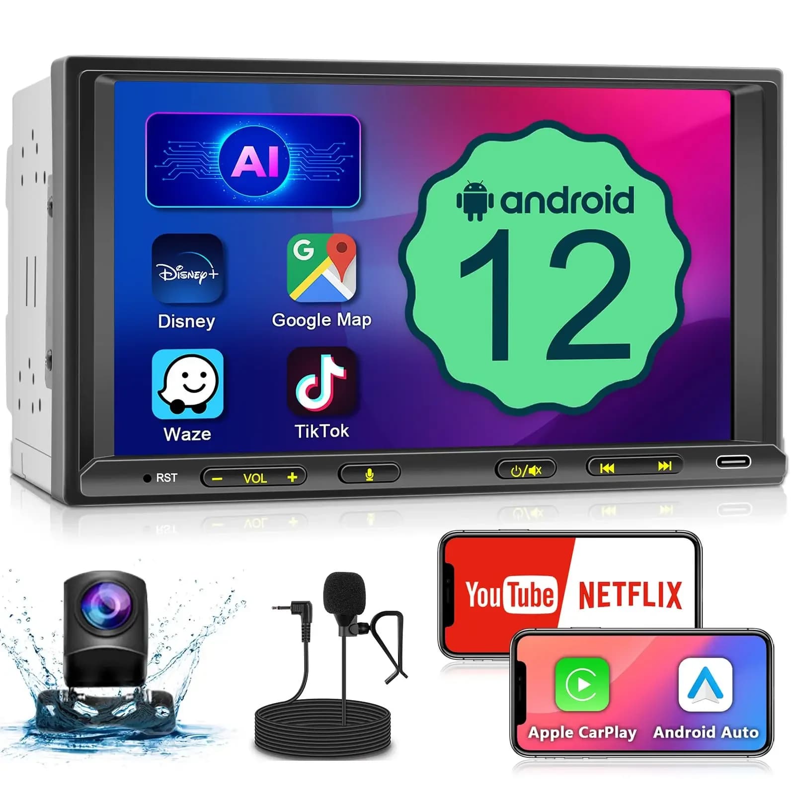 Autoradio Android 12 da 7 Pollici, Doppio Din, con Apple Carplay e Android Auto Wireless, Touchscreen, Ricevitore Audio per Auto