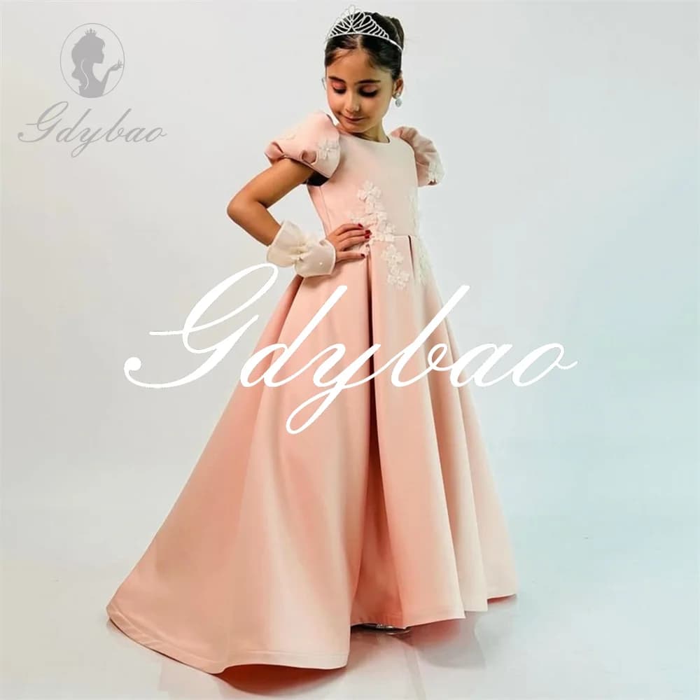 Abito da ragazza di fiori formale con maniche a sbuffo e linea ad A, lungo fino al pavimento, abito da prima comunione classico semplice, personalizzato