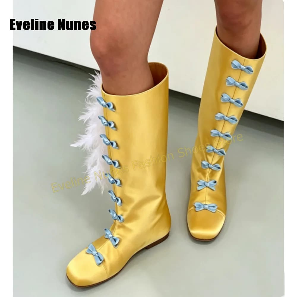 Women Luxury Yellow Satin Fashion Boots Square Toe Flat with Cute Blue Bows Decor Knee High Boots Cosplay Sweet Trendy 2026 New