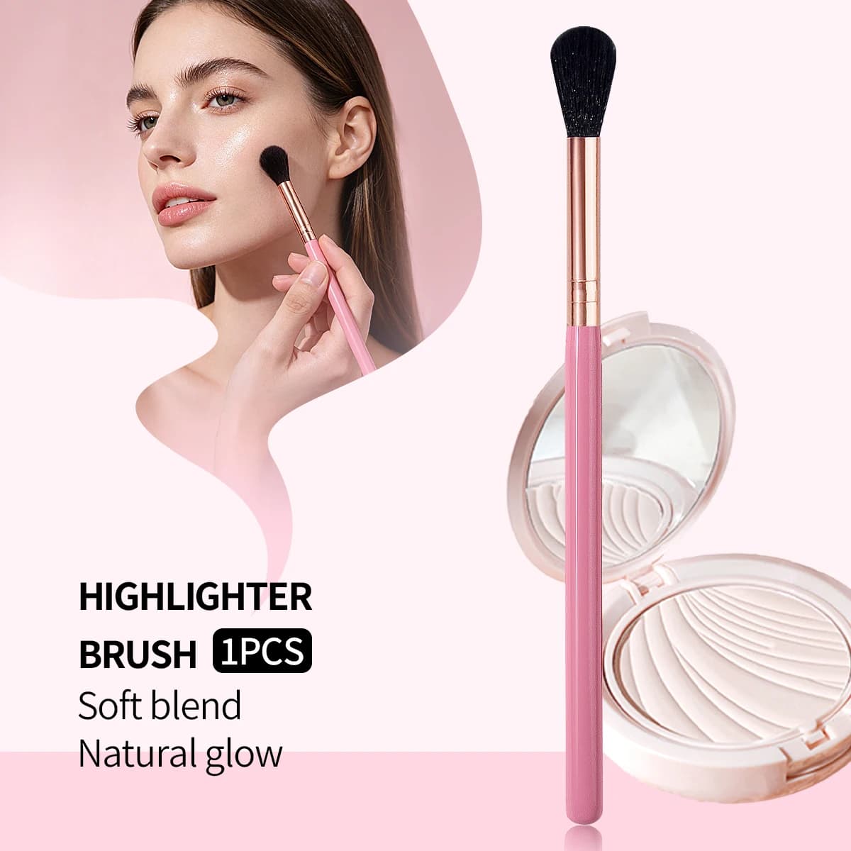 1 pennello professionale per illuminante, manico in legno rosa con ghiera color oro rosa, setole morbide e soffici per una miscelazione impeccabile