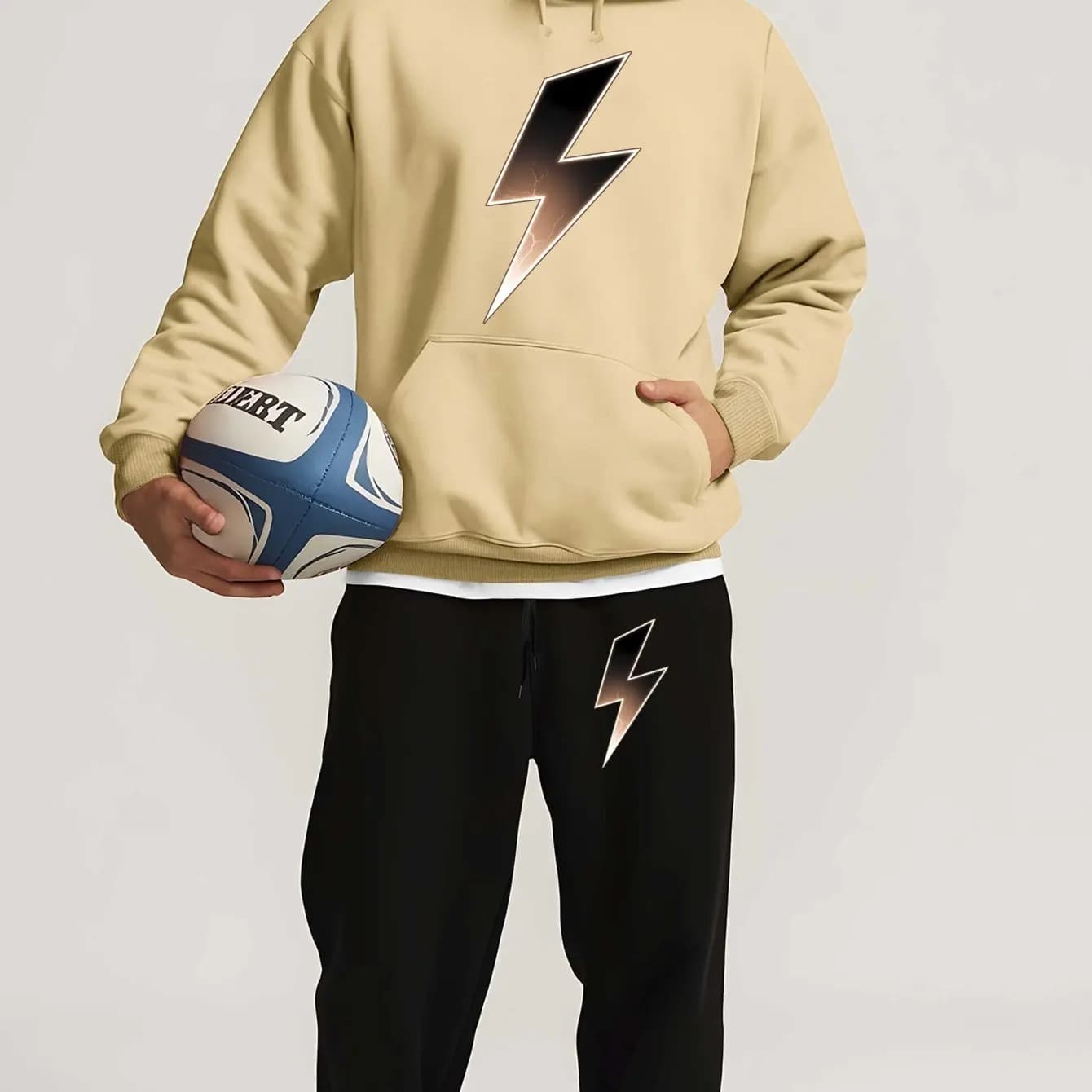 Men Lightning Printed Hooded Sweatshirt Set,Autumn Winter Long‑Sleeve Sports Outfit,Comfort Fit Casual Streetwear For Daily Wear
