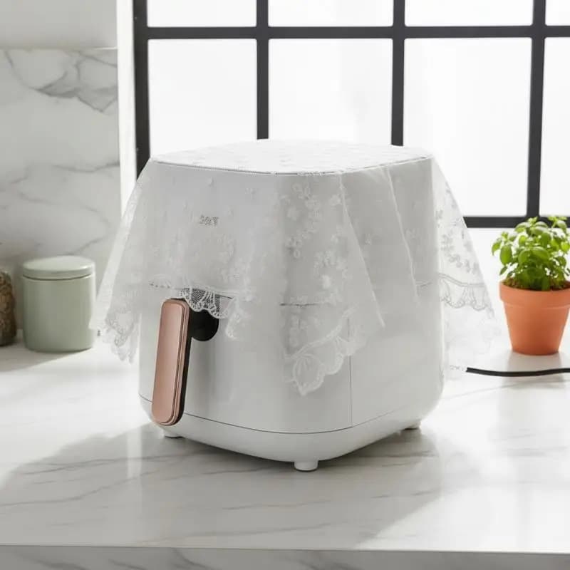 White Lace Dustproof Cover Square Air Fryer Dust Cover Electric Rice Pot Cover Oilproof Kitchen Pressure Cooker Protector Cover