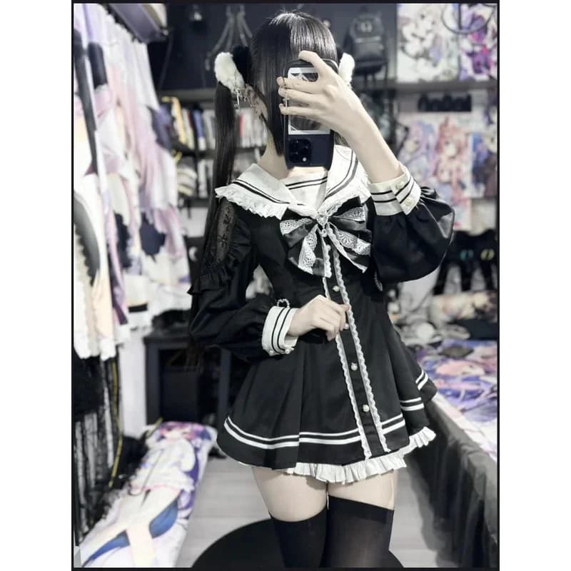 Lolita giapponese Peter Pan Collor Bow maniche lunghe balza abito a vita sottile + pantaloncini tutti abbinati set da 2 pezzi Sweet Girl Y2k Suitsc;8