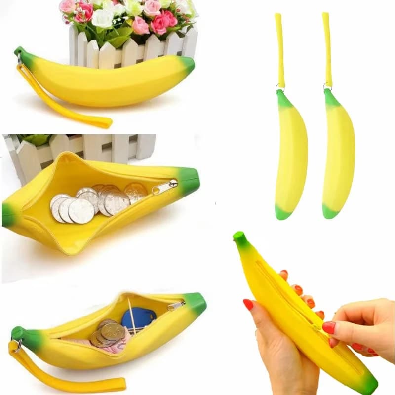 Portamonete a forma di banana gialla, divertente e originale, in silicone, portatile, multifunzionale, astuccio per matite, portafoglio, portachiavi, borsa per monete da donna