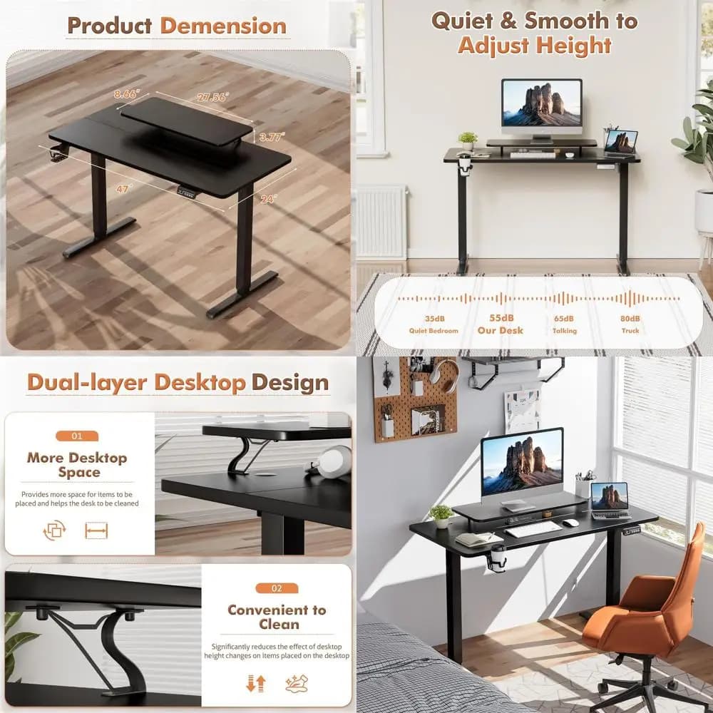 Height adjustable desk, 47 x 24 with monitor support, desk for home office computer in black