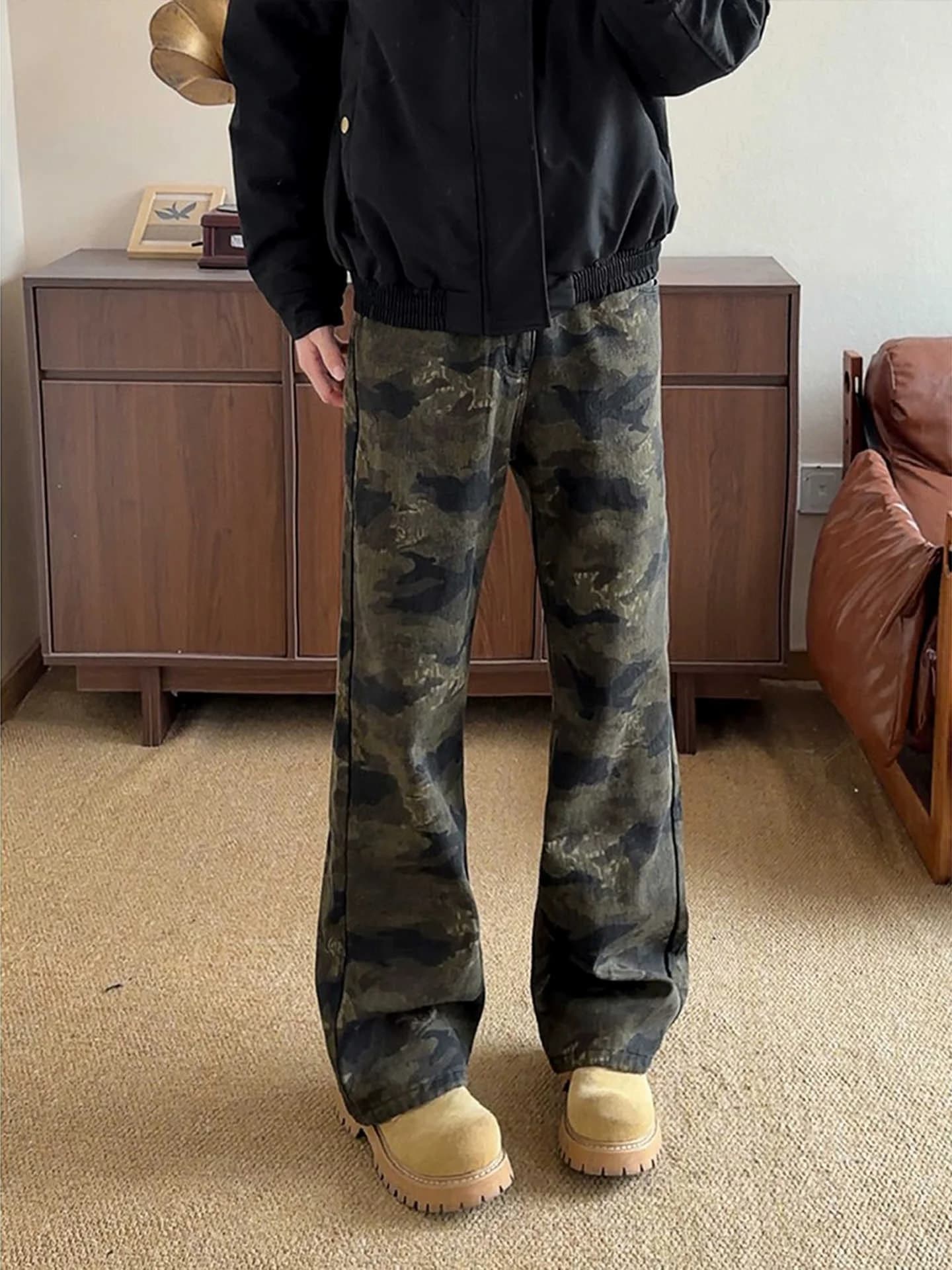 Jeans Cleanfit Camouflage Thiened Fce a gamba dritta da uomo, caldi per l'inverno, casual, stile High Street, con cerniera, a vita media