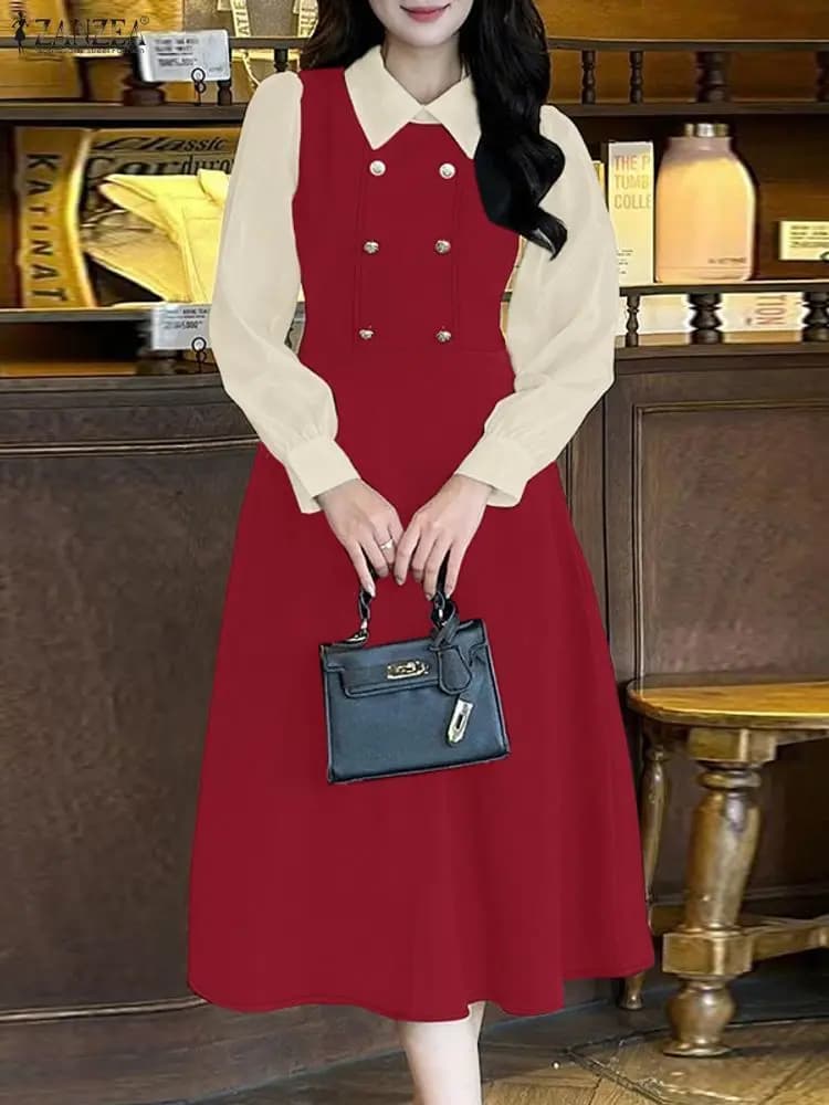 ZANZEA 2026 Abiti da ufficio primaverili Donna Elegante manica lunga da lavoro Vestito estivo Abito patchwork Elegante A Line Party Vestido Midi Robe