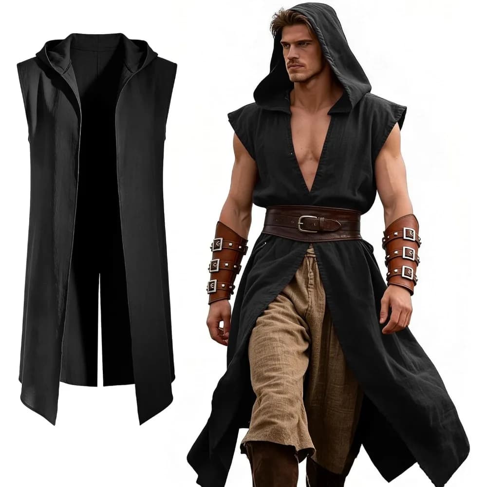 Costume Medievale da Uomo, Mantello Vichingo con Cappuccio Senza Maniche, Costume Rinascimentale da Uomo per Halloween e Cosplay da Assassino