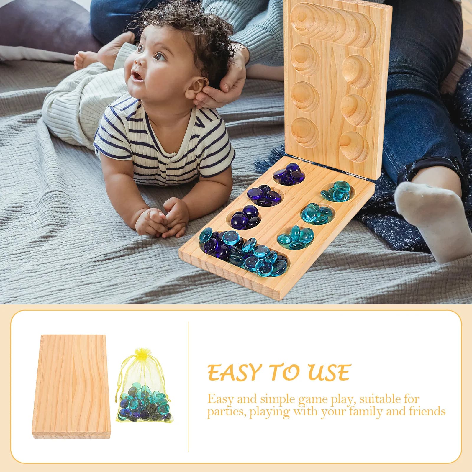 Set da 1: Scacchiera Mancala in Legno con Pietre Preziose Africane, Pieghevole, Tascabile, Leggera e Resistente, per Gioco in Famiglia e Allenamento Logico