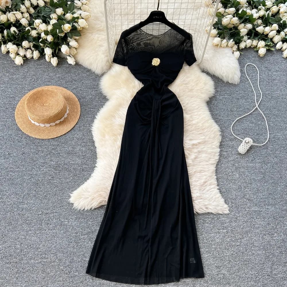 Elegante abito sottoveste in rete trasparente Elegante abito da fata alla moda coreana Abiti sexy a vita alta A-line Abiti estivi da donna