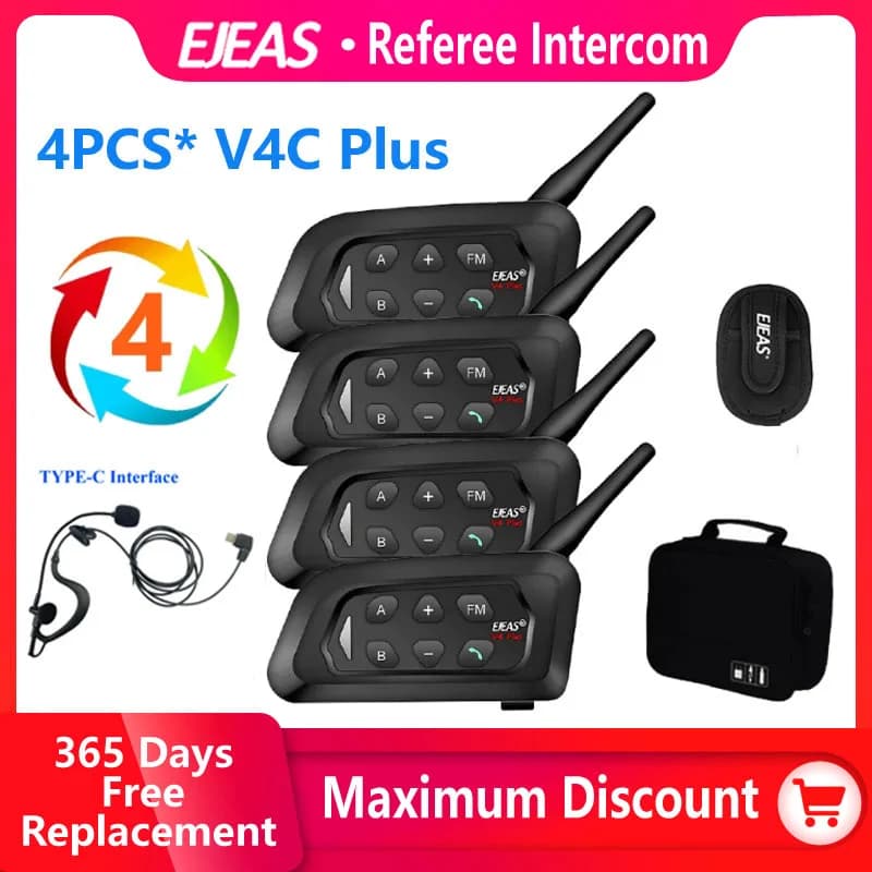 EJEAS 4PCS V4C PLUS cuffie interfono per arbitro di calcio 1500M Full Duplex Bluetooth cuffie interfono per conferenze + borsa