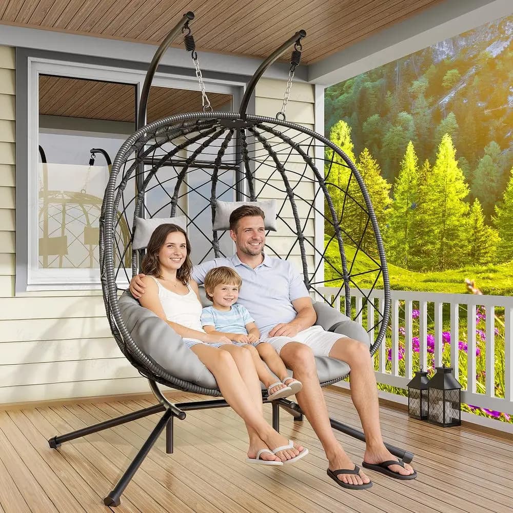 Double Egg Swing Chair with Stand 2 Person Outdoor Patio Hanging Wicker Hammock Chair with Cushion, Dark Grey, for Garden, Lawn