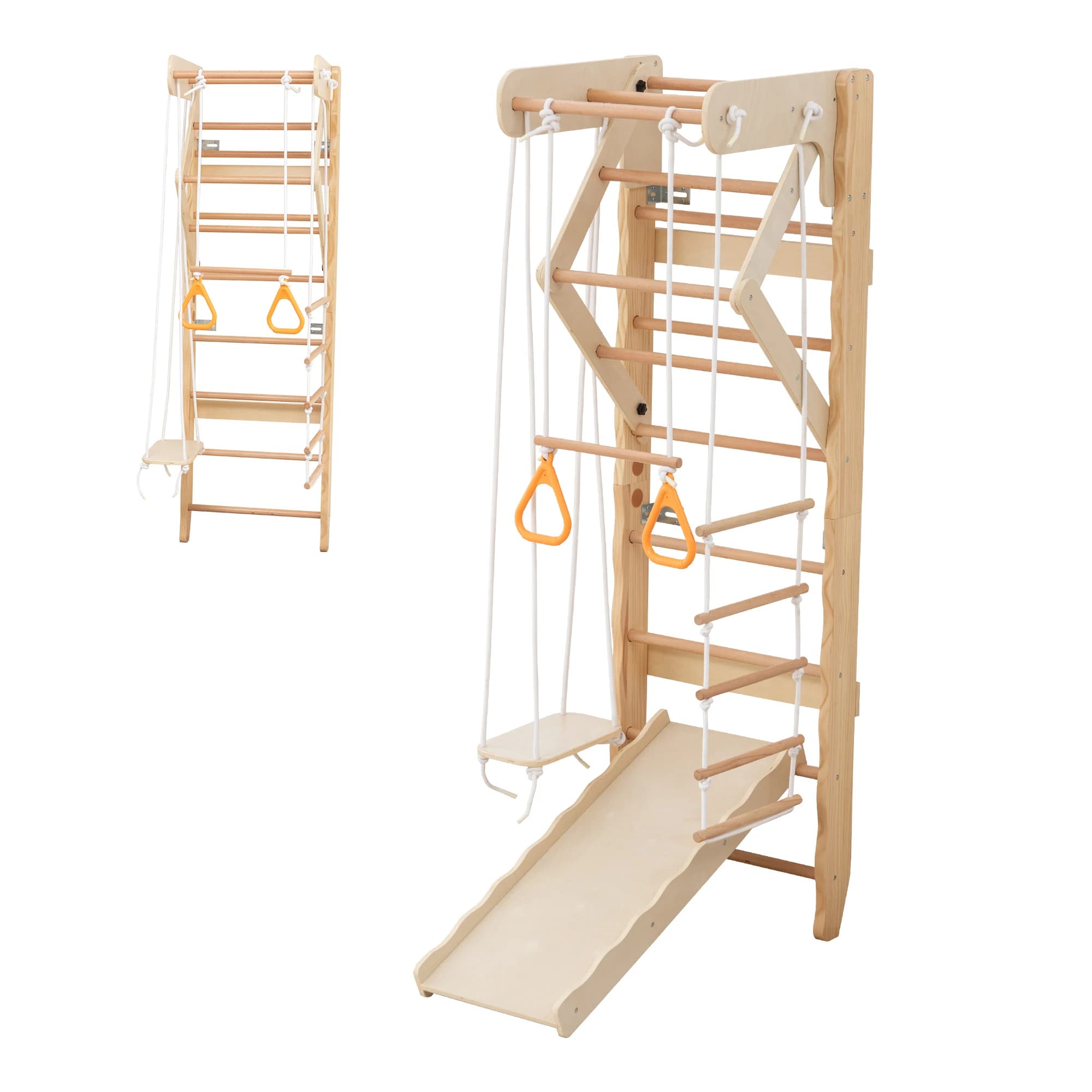 Parco Giochi per Bambini 6-in-1 da Parete, Scala Svedese in Legno Naturale con Altalena, Barra per Trazioni e Scivolo, Design Robusto e Salvaspazio
