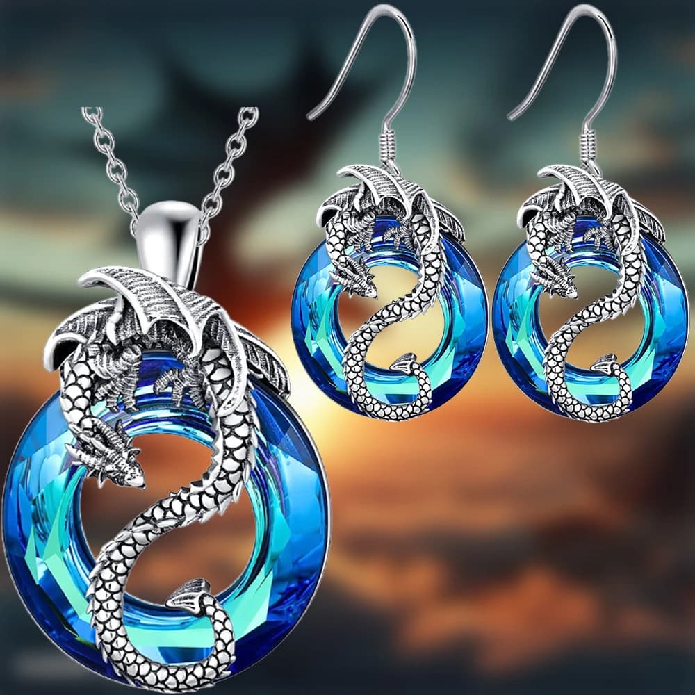 Dragon Jewelry Set - Crystal Pendant & Scale Earrings, Mythical Unisex Gift for Birthday/Anniversary