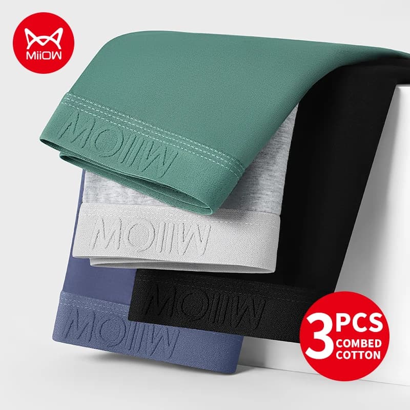 MiiOW 3Pcs Skin-friendly Softer Cotton Men Underwear Boxers 7A Antibacterial Men's Panties Breathable Underpants Man Boxershorts