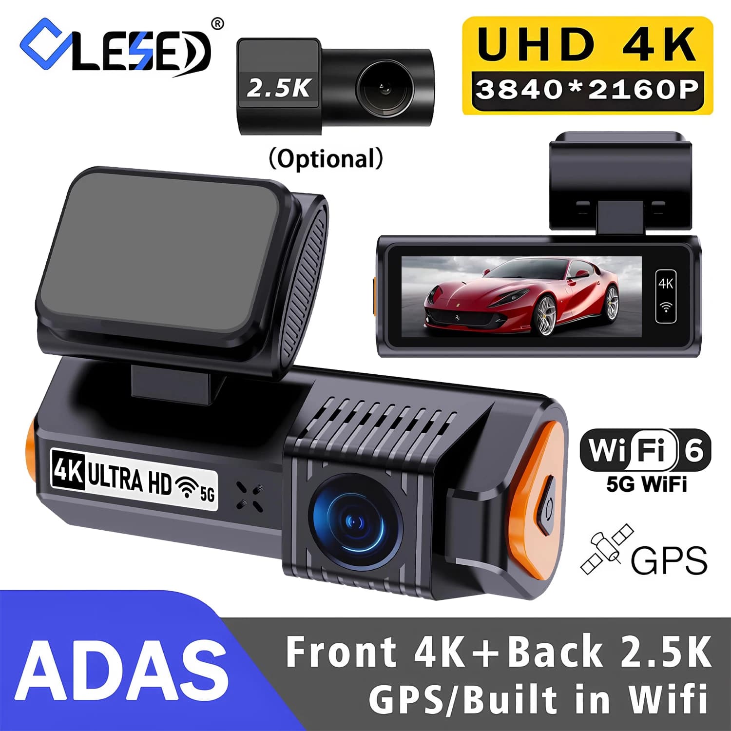 Dash Cam ADAS 4K+2.5K 3840*2160P a Doppia Lente con WiFi e GPS, Registratore Video DVR Anteriore e Posteriore 2.5K, Visione Notturna Super 24H, Scatola Nera per Auto
