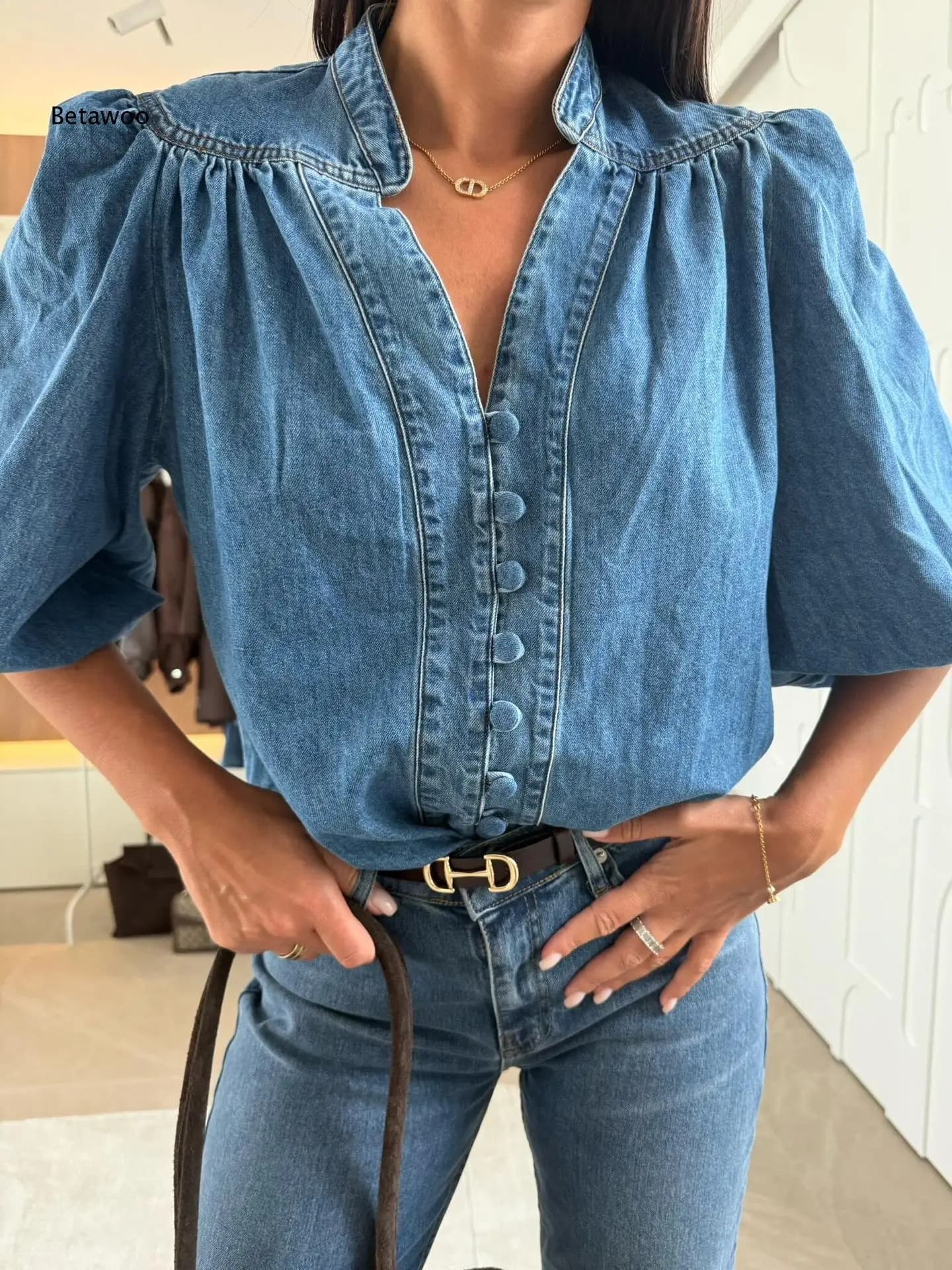 Women Stand Collar V Neck Denim Blouse Puff Balloon 3/4 Sleeve Single Breasted Contrast Stitch Casual Shirt