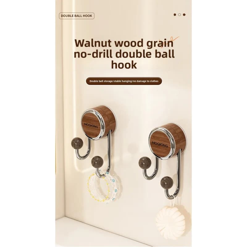 Wall-Mounted Bathroom Heavy-Duty No-Drill Vacuum Suction Cup Hook Stainless Steel No-Trace Bathroom Double Ball Adhesive Hook