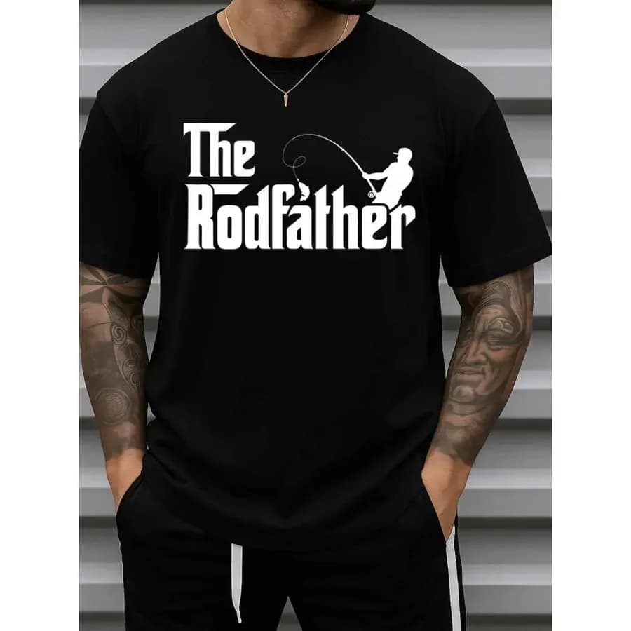 T-shirt divertente da uomo The Rodfather - Maglietta in cotone pesante con grafica di canna da pesca e pesce, girocollo a maniche corte