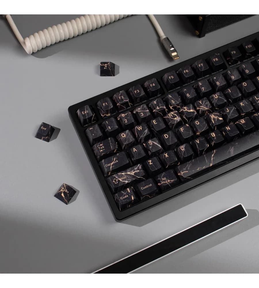 Keycap full set of PBT five-sided sublimation original factory height adaptation 61/87 black marble mechanical keyboard