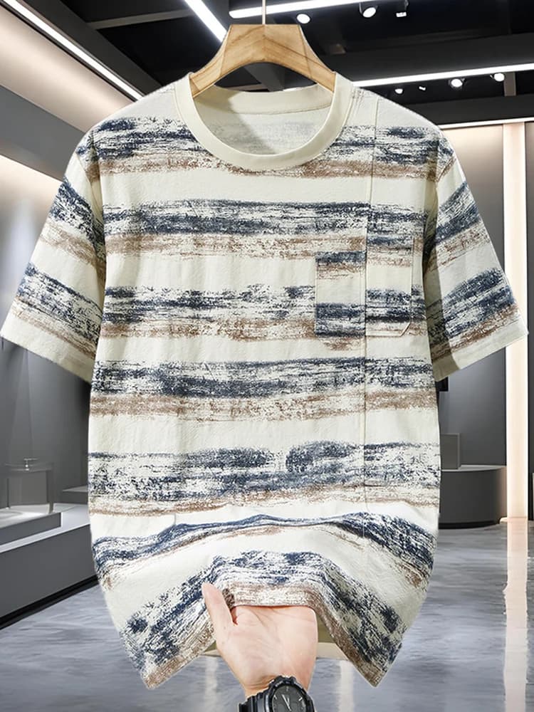 Heavyweight Cotton Breathable Striped Short Sleeve T-Shirt Men's Loose Fit Summer plus Size Trendy Half Sleeve Casual Tee