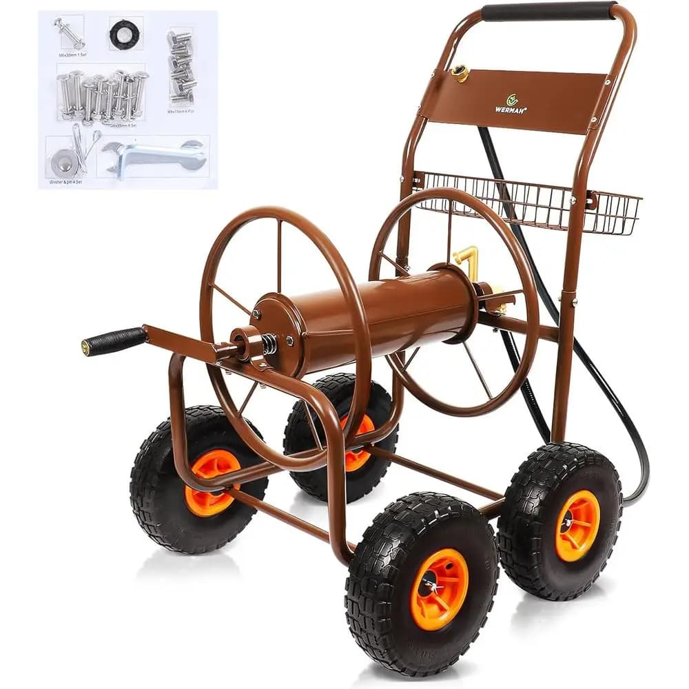 2025 Upgrade Hose Cart, Hold Up to 300 t o 5/8'', Garden Hose Cart with 4 Wheels, Heavy Duty reestanding Water Hose s or Outside