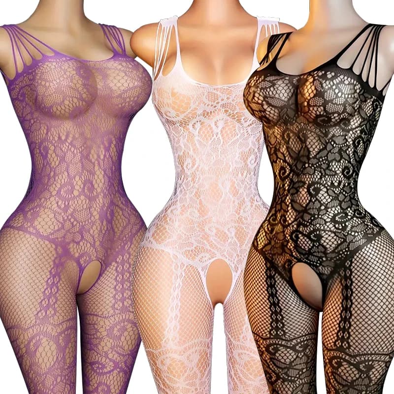 Bodystocking a rete sexy da donna con cavallo aperto, calze lunghe, giacche a rete, costumi erotici, collant a cavallo aperto, uniforme