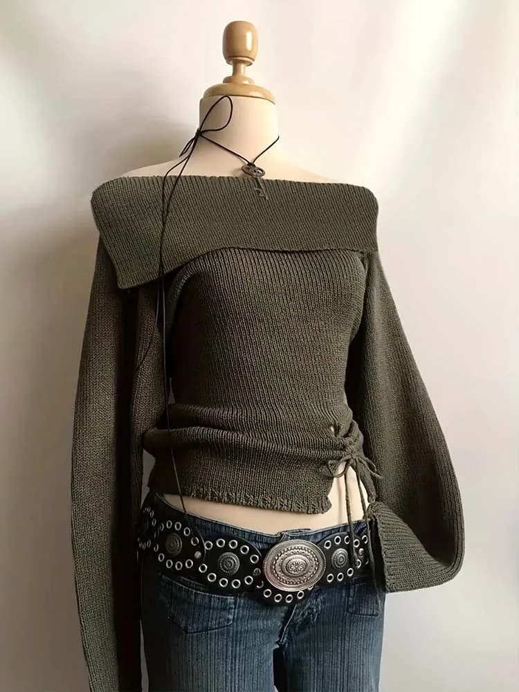 Top in Lana da Donna con Collo a Risvolto, Monospalla, Maniche Lunghe, Stile Casual, Elegante e Alla Moda
