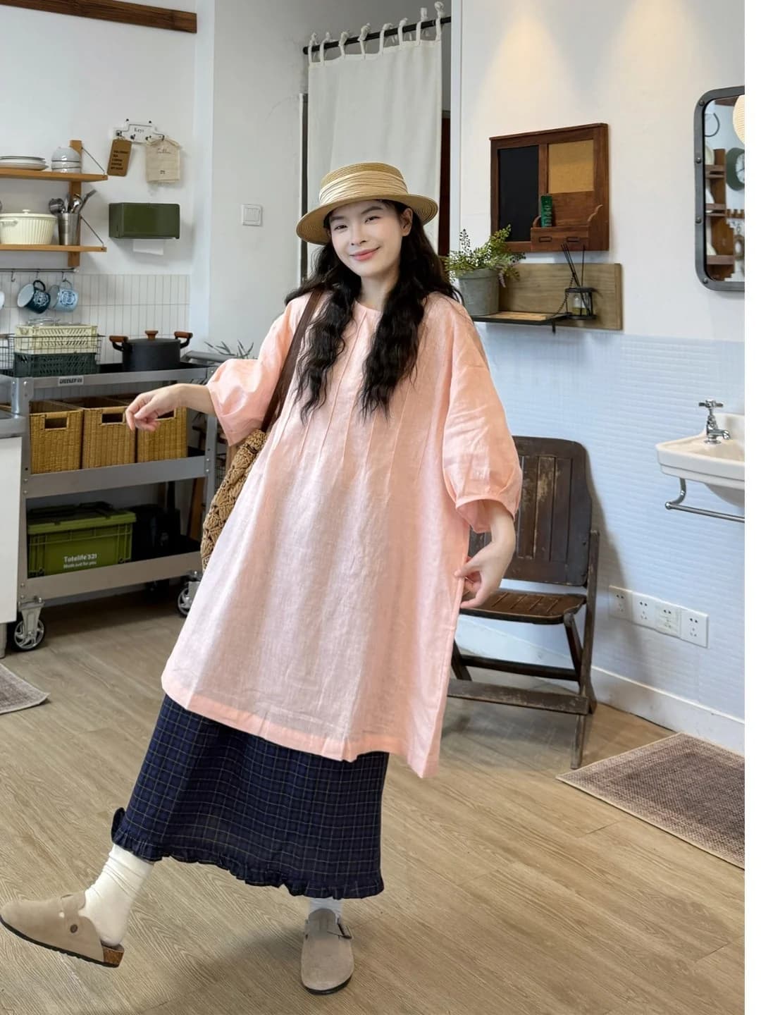 Loose Fit Summer Shirt Women's plus Size Lazy Style Pink Short Sleeve High Waist Plaid Skirt with Wood Grain Half Body S...