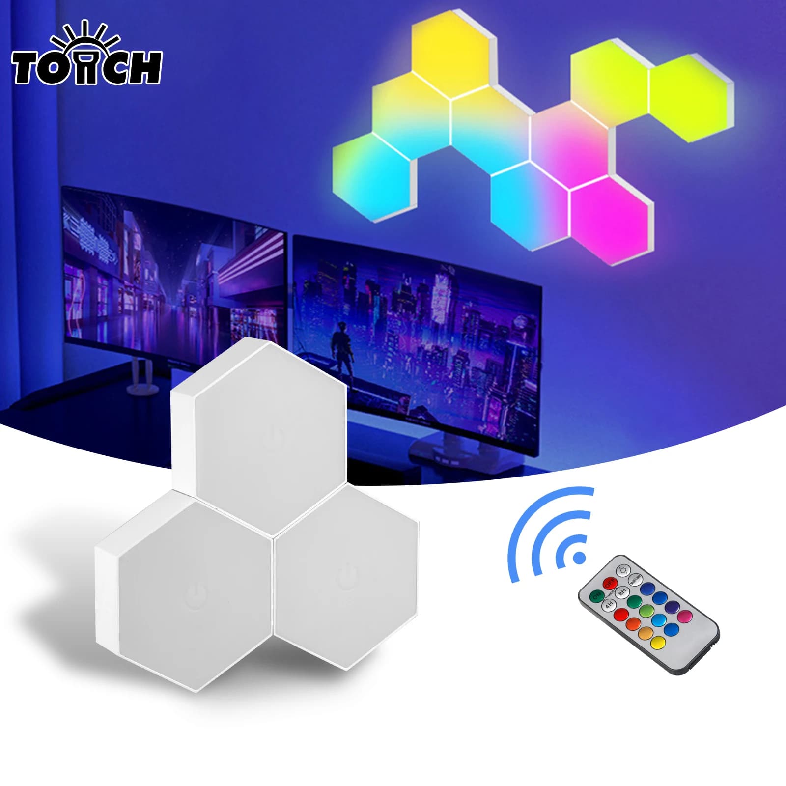 Luci multicolori a LED esagonali geometriche telecomandate, soggiorno, camera da letto, studio, applique da parete con decorazione atmosfera fai-da-te