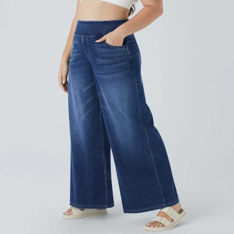 Plus Size Women's Jeans High Waist Blue Denim Pants Wide Leg Stretch Denim Jeans Black Elastic Waistband Plus Size Women's