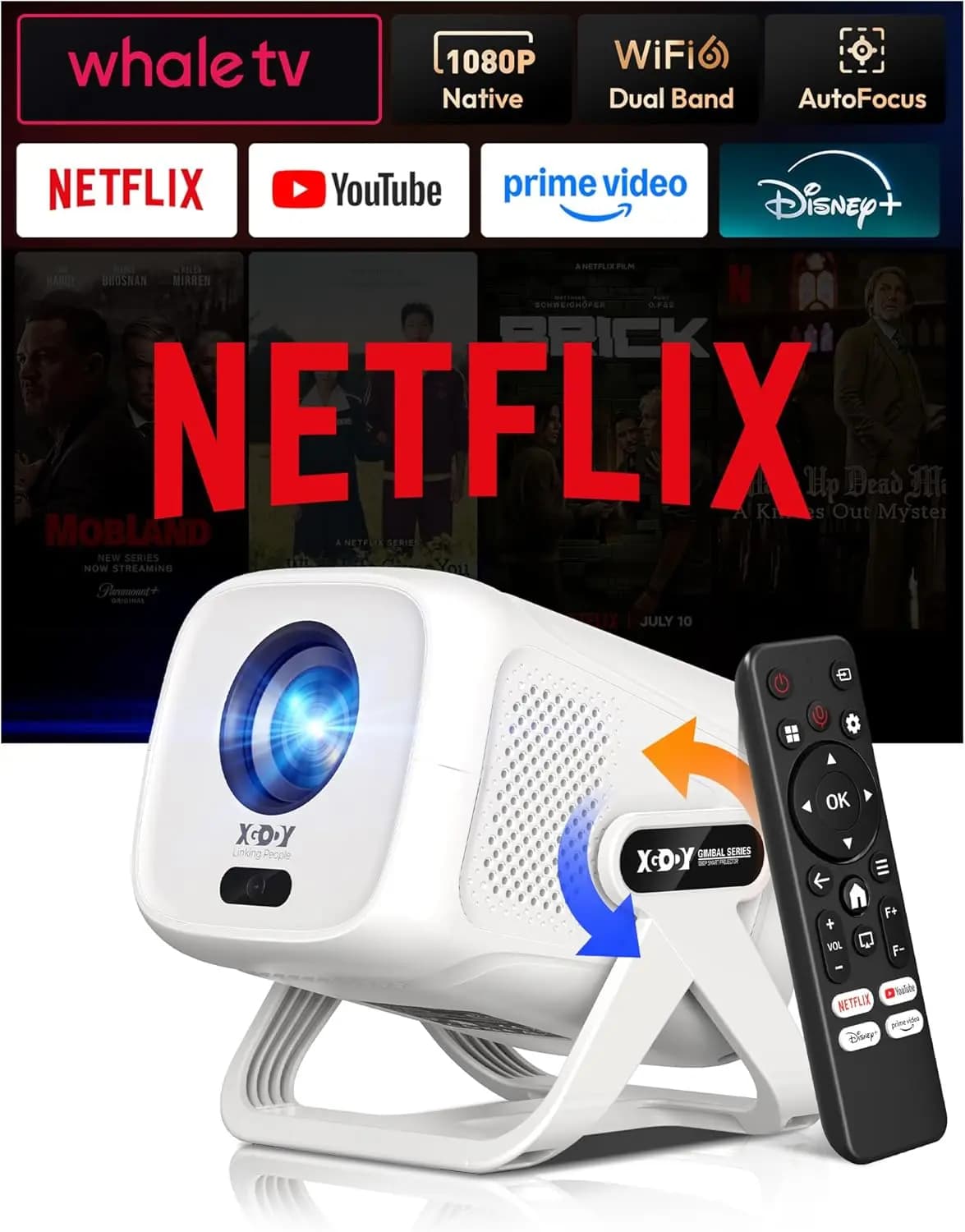 Mini Proiettore Smart con Autofocus, WiFi6 e Bluetooth, Risoluzione Nativa 1080P, Controllo Vocale per Film Domestici